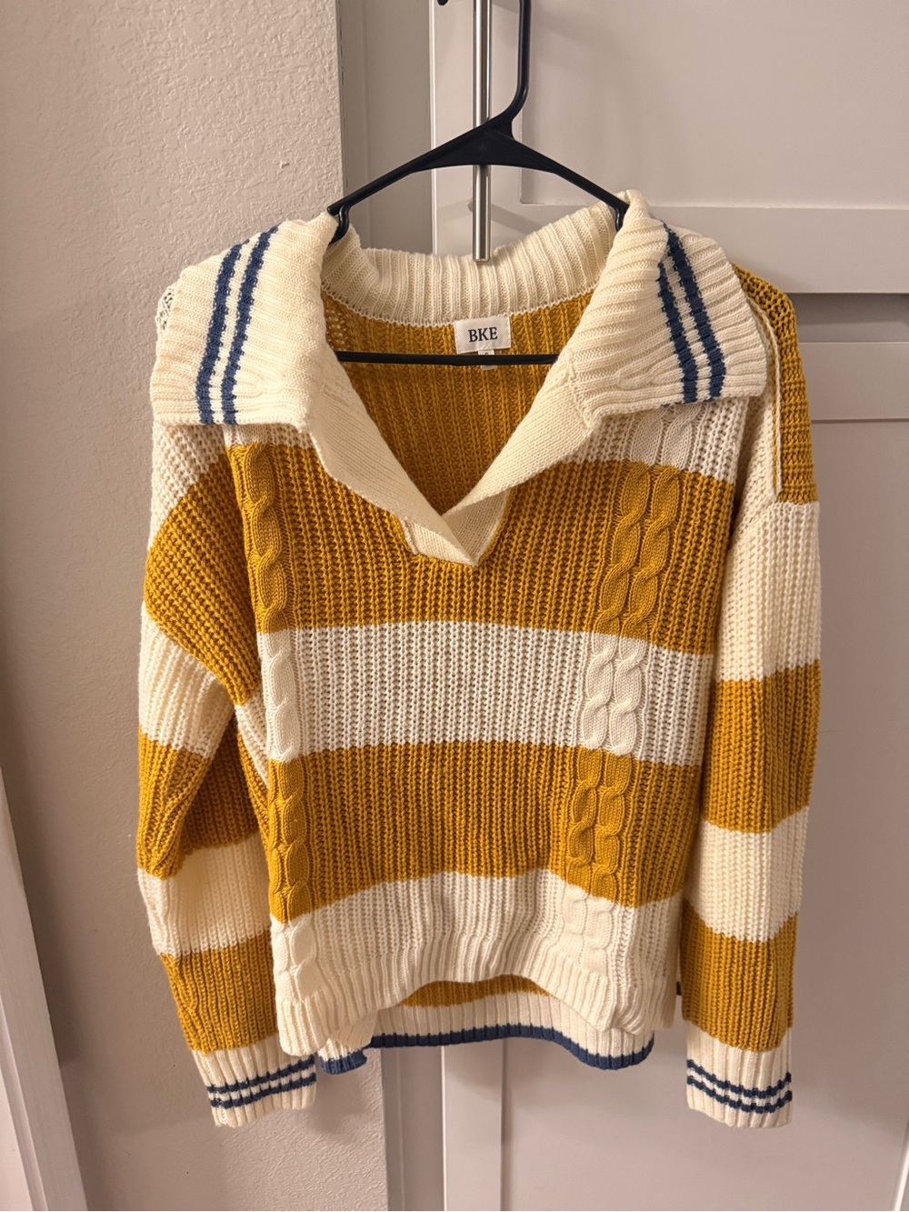 BKE Striped Cream and Mustard Cable-Knit Turtleneck Rugby Style Sweater